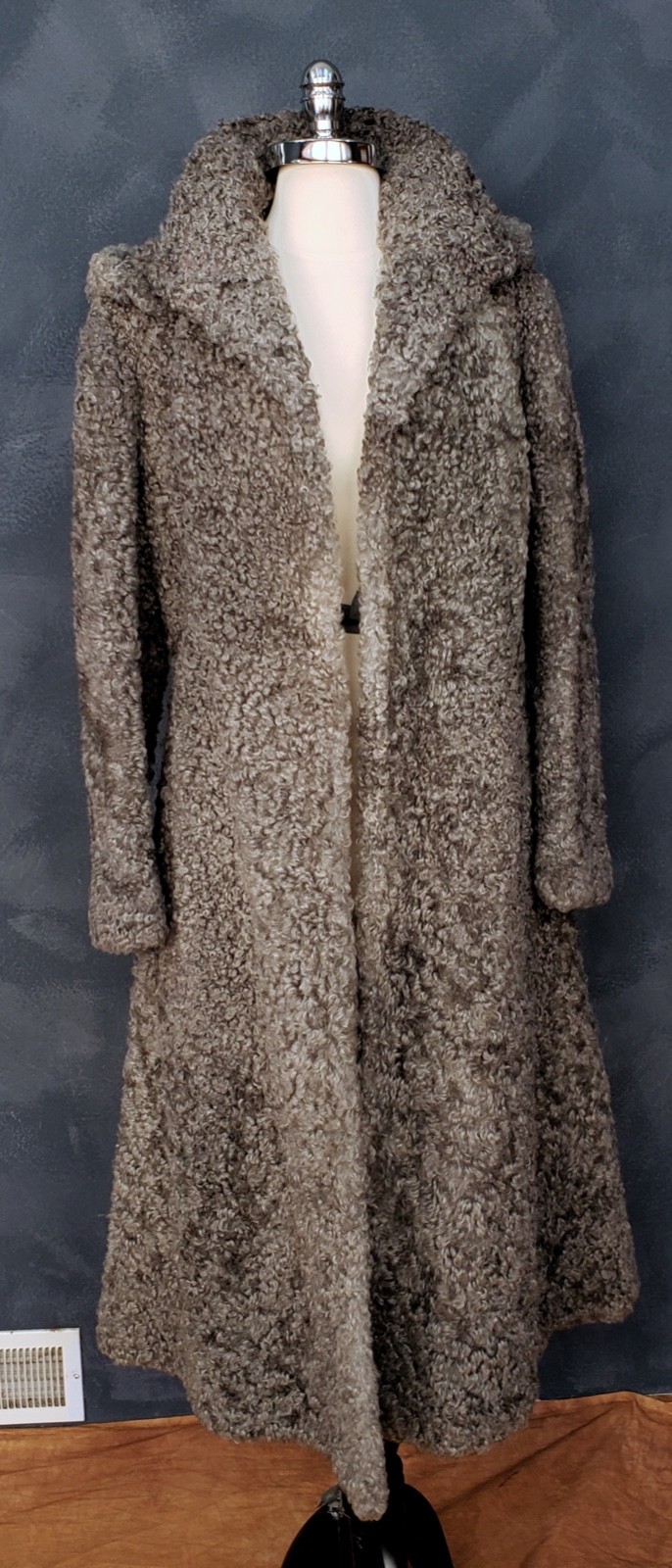 Vintage 50s Gray Greige Curly Viking Lamb Hooded Coat L EUC RARE