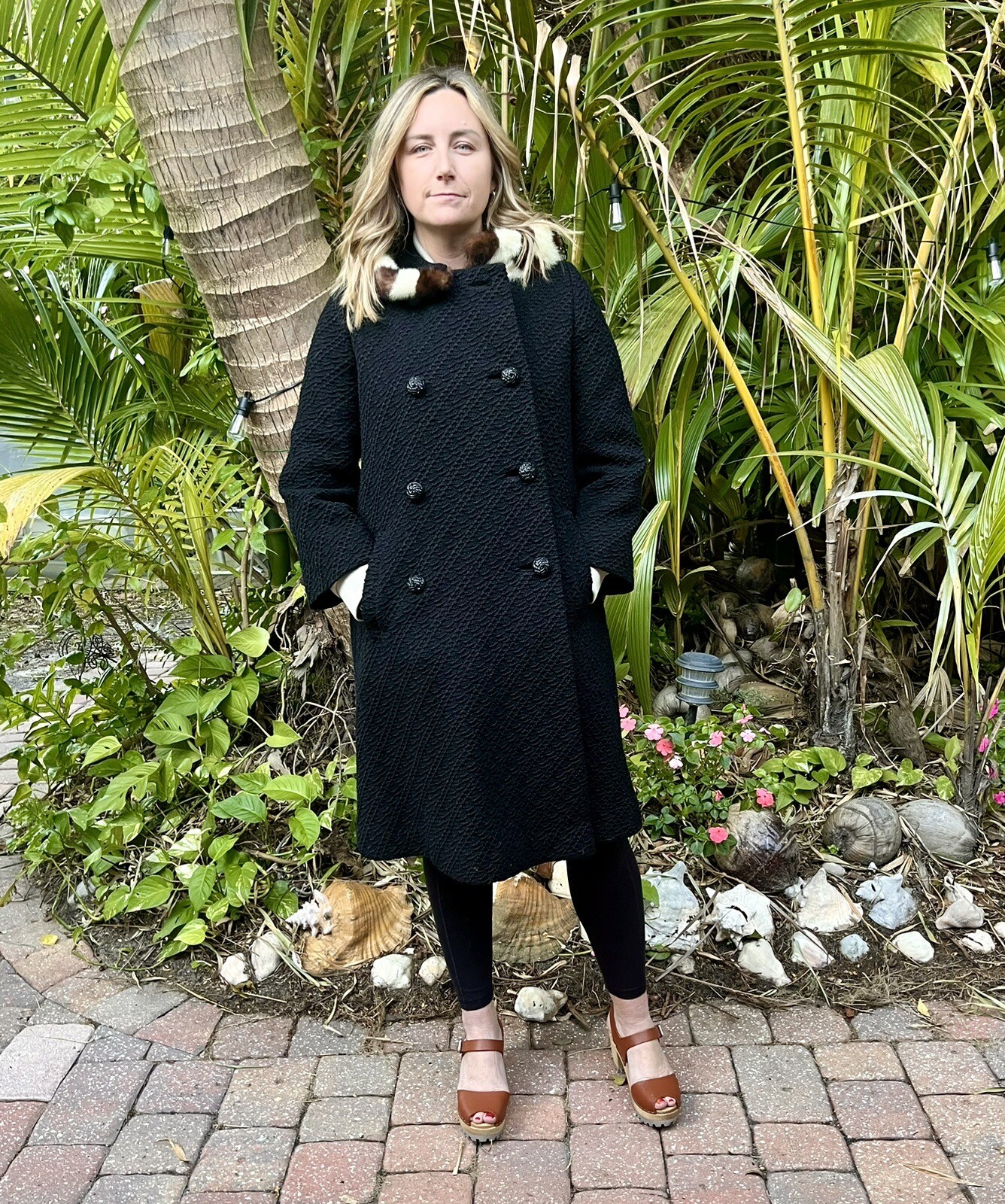 Vtg MCM Black Coat Stripe 2 Tone Fur Collar Swing Textured OOAK Glam Mid Century