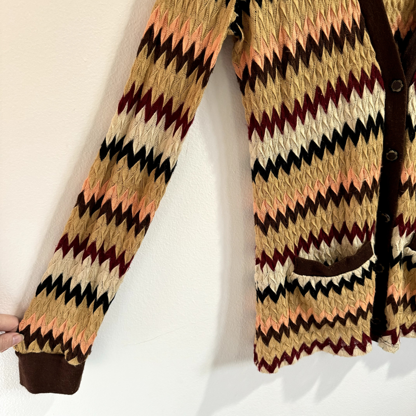 Vintage 90s Y2K Anna Sui Sweater 12 / L Chevron Cardigan Knit Tan Brown Retro