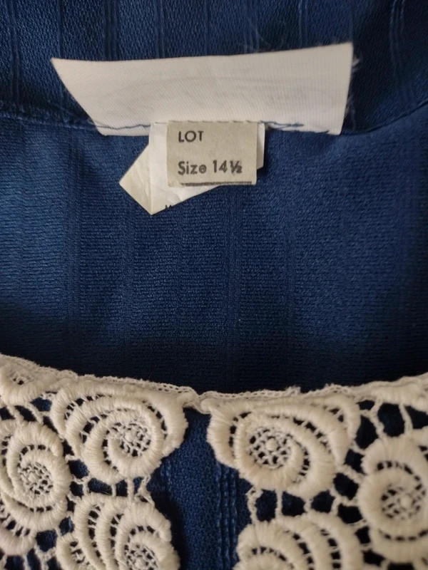 Rice Pudding Ltd Vintage 70s 80s Lace Collar Dress Navy Blue Striped Made in USA
