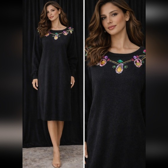 PLAIN JANE VINTAGE JEWELED SWEATER DRESS BLACK LARGE
