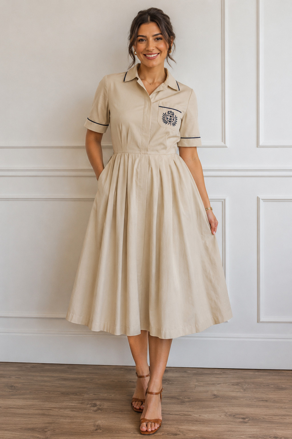 Vintage 80s 90s Preppy Shirt Dress Womens 12 Beige Fit Flare Full Skirt Academia