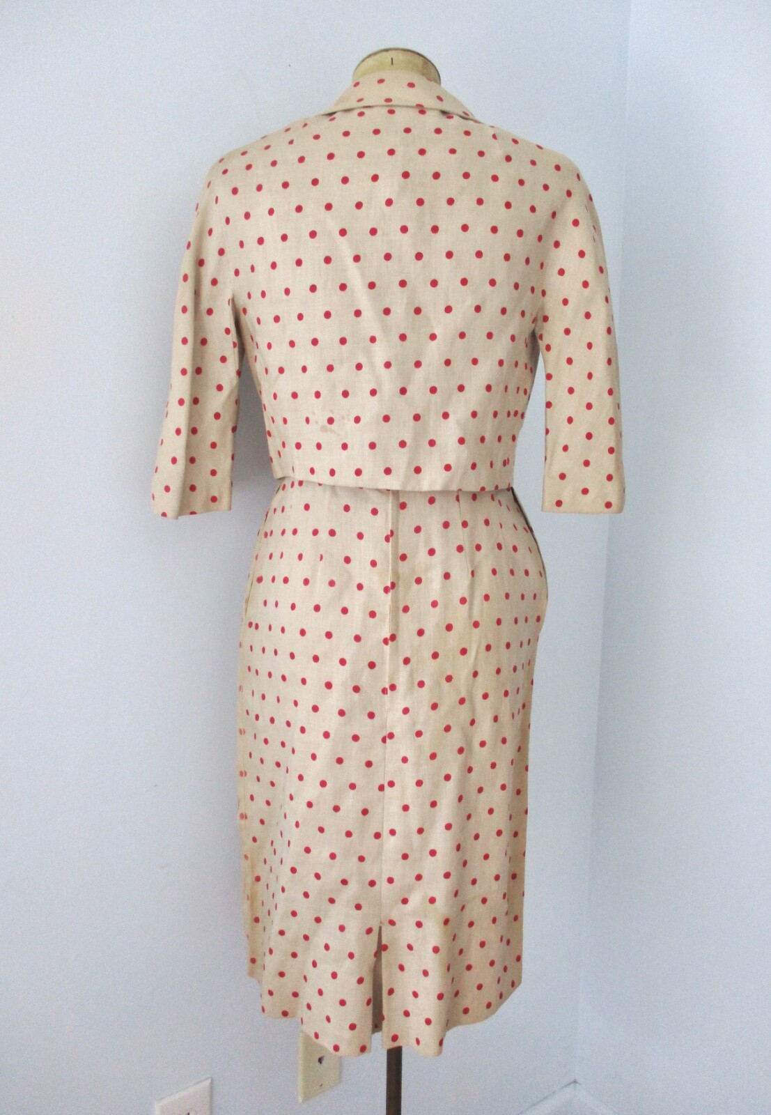 Vtg 50s 60s tan brown red polka dot 2-pc secretary dress cropped jacket suit M