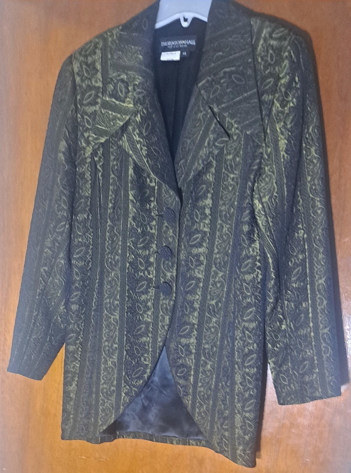Vtg 90s Thornton Hall Womens Gold/Blk Jacquard Long Blazer Jkt sz 14 New Zealand