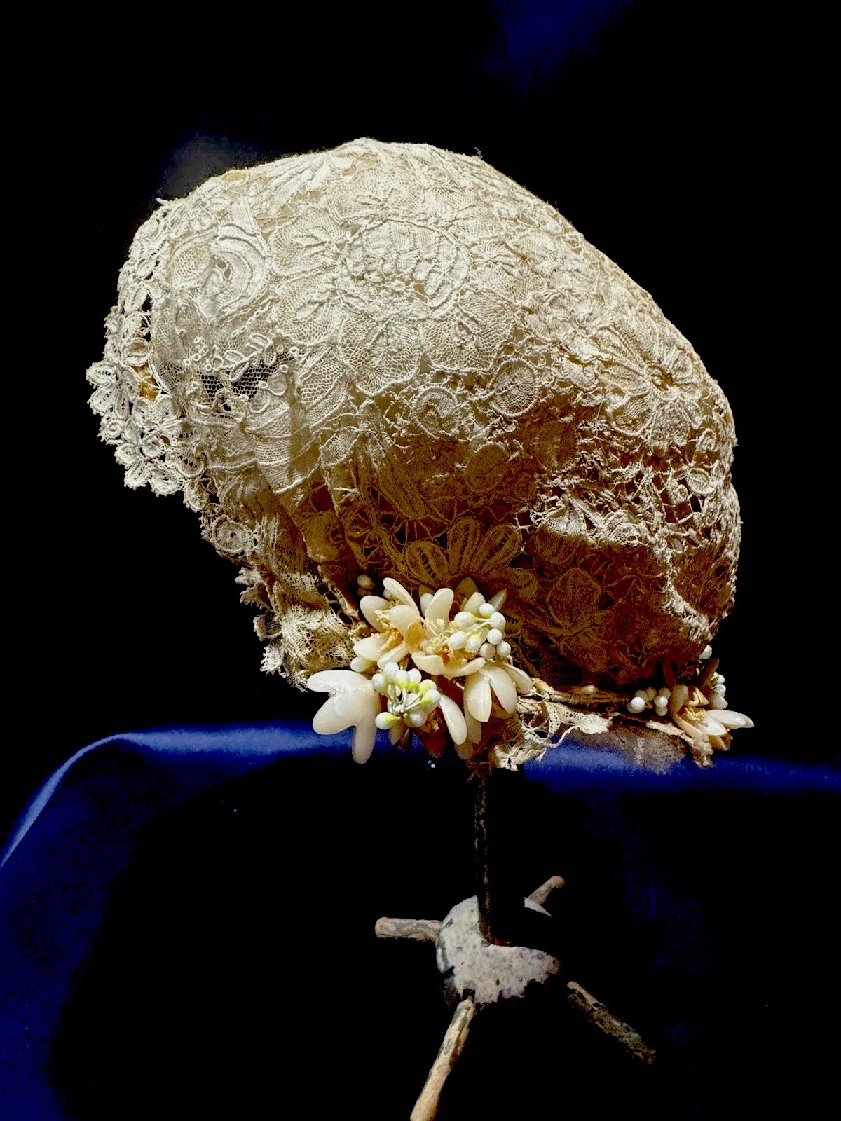 Antique Handmade Point de Gaze Lace Bridal Headpiece With Wax Flowers CreamColor