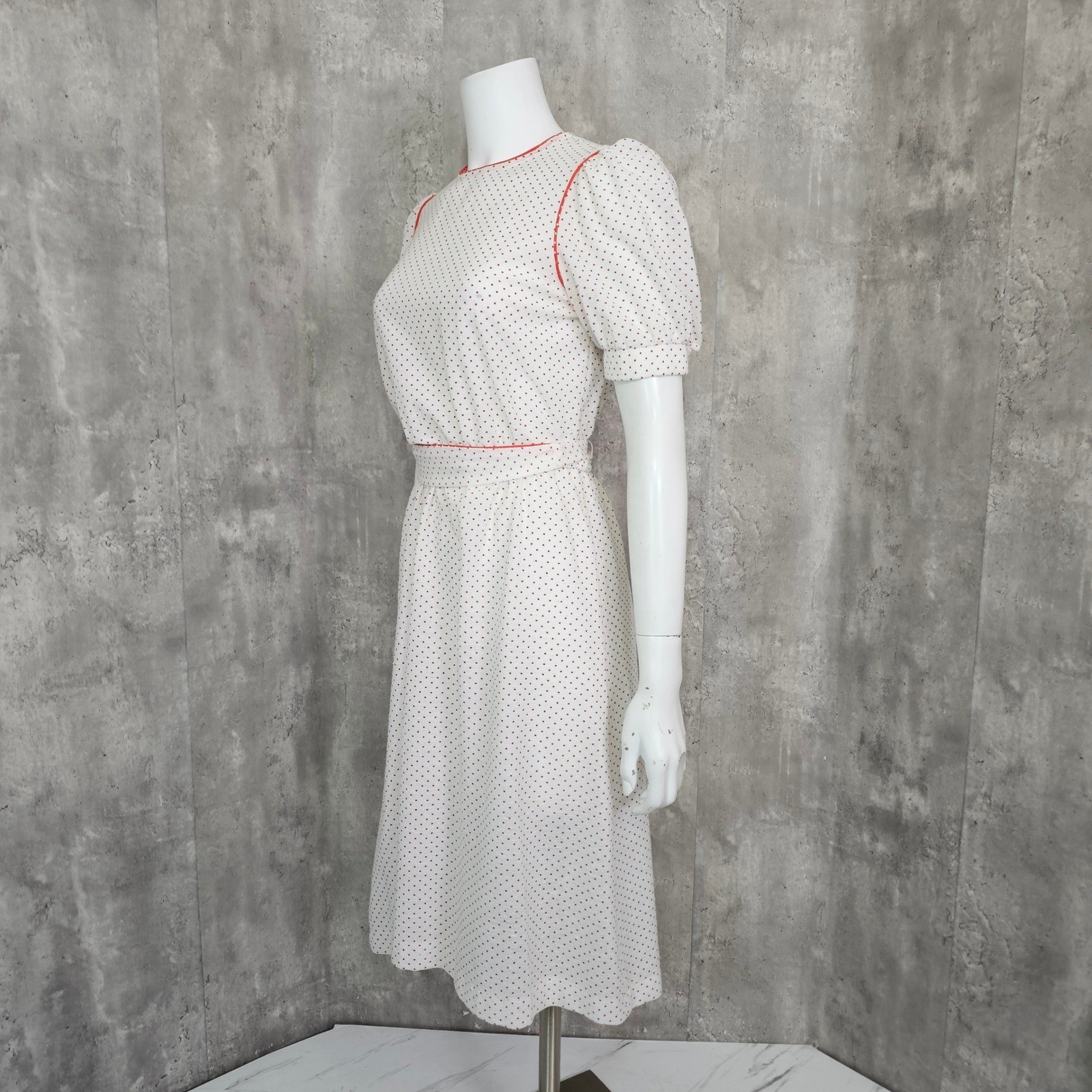 Vintage Sheer Crepe Nylon Red Polka Dot Puff Sleeve Cottagecore Prairie Dress