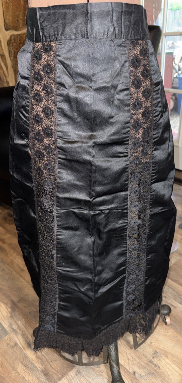 Antique Victorian Edwardian Black Satin And Lace Mourning Apron