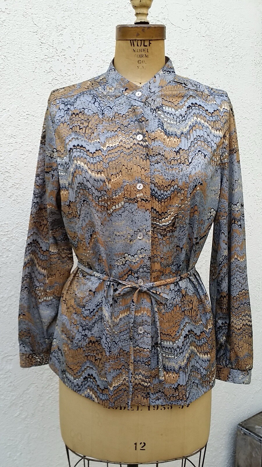 Vintage 1970s Marbleized Print Tunic LS Blouse Mandarin Band Collar Alex Colman