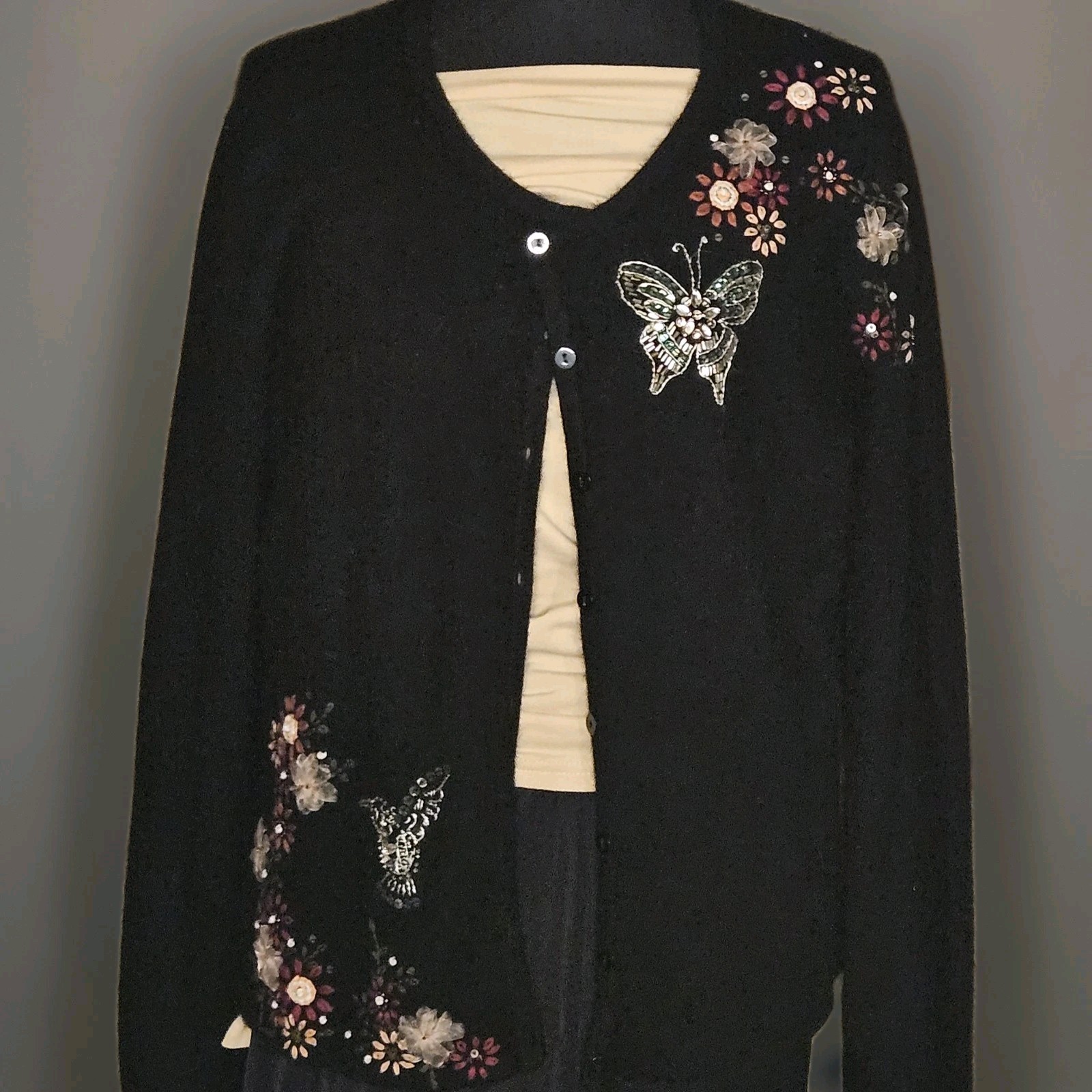 Whimsigoth Embellished Black Angora Cardigan L Butterflies Y2K NOS Fairy Grunge