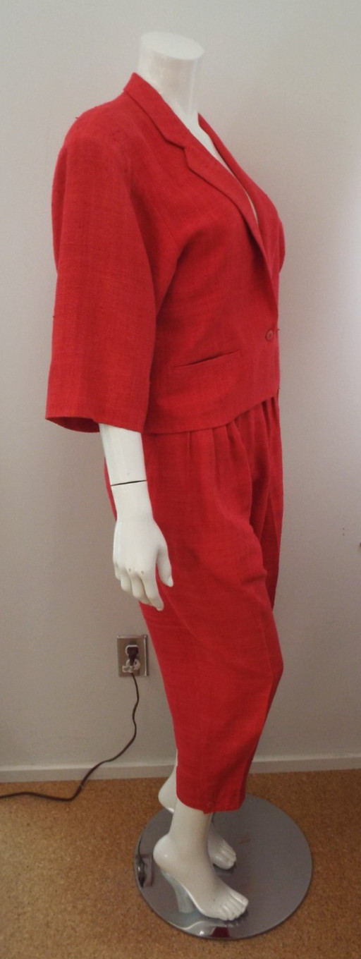 Vintage 1980s KENZO Red Silk Suit Cropped Blazer Jacket & Pleated Pants 38 Small