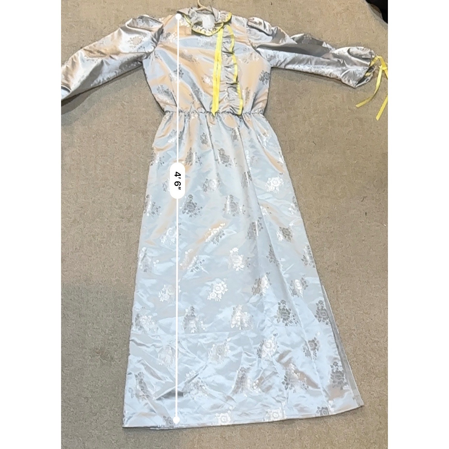 Vintage Silver Floral Damask Maxi Dress Yellow Ribbon Ruffle Collar Handmade
