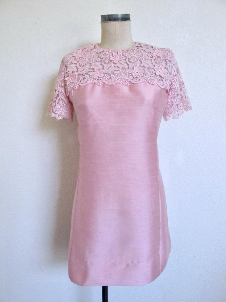 Vintage 60s Pink Shantung Mini Dress with Lace Bodice S Short Sleeves A Line