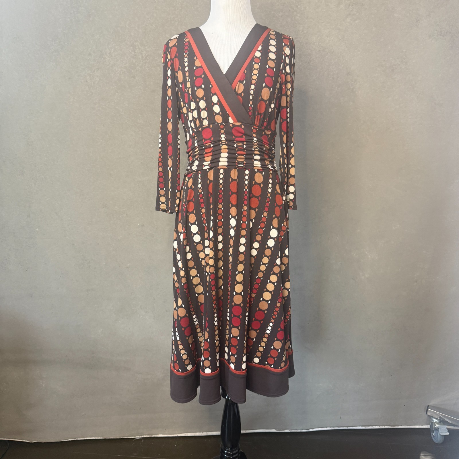 Studio I Petite Brown Dot Print Faux Wrap Dress Long Sleeve Size 12P