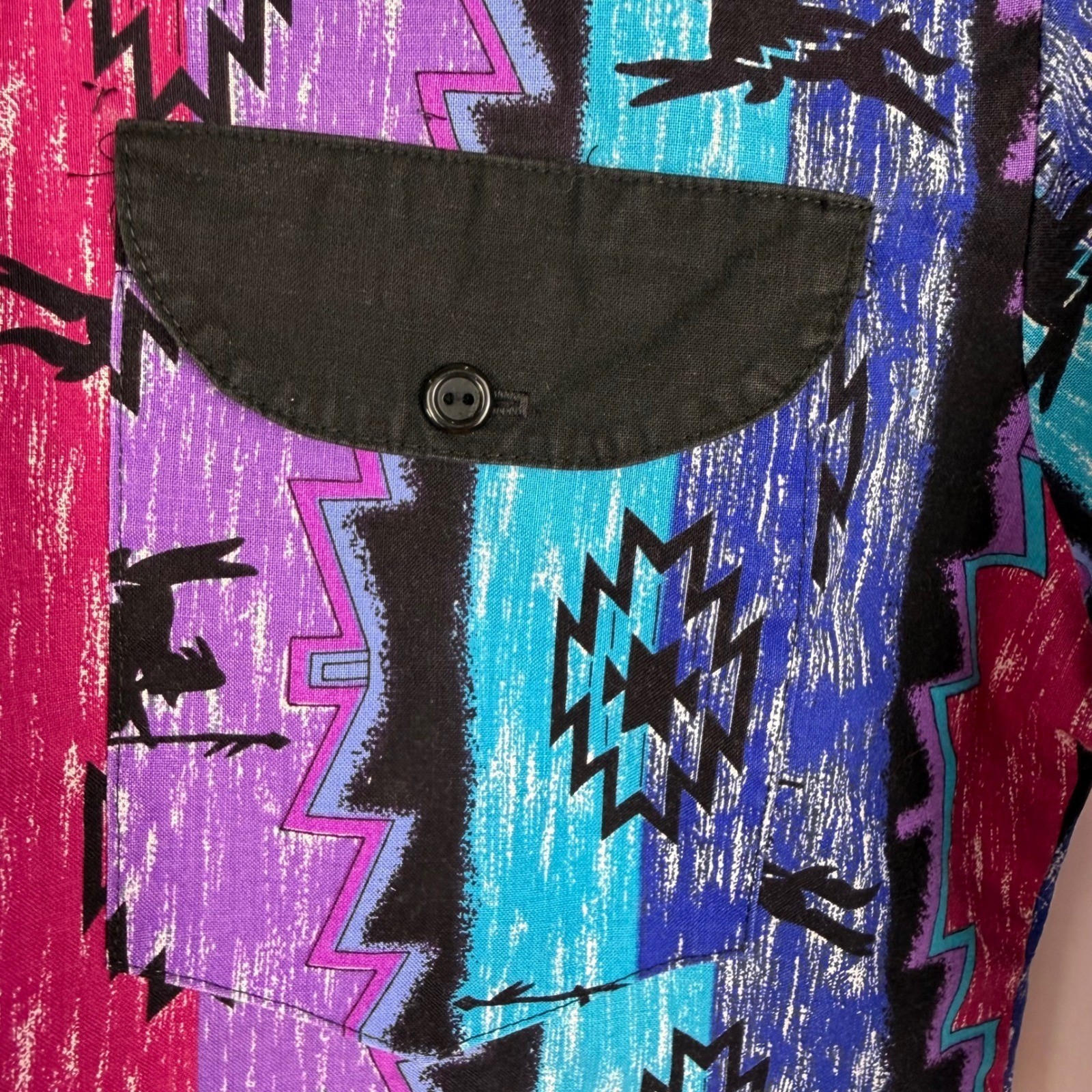 VTG 80s Ozark Mountain Southwestern Tribal Print Button Up Shirt Purple Teal