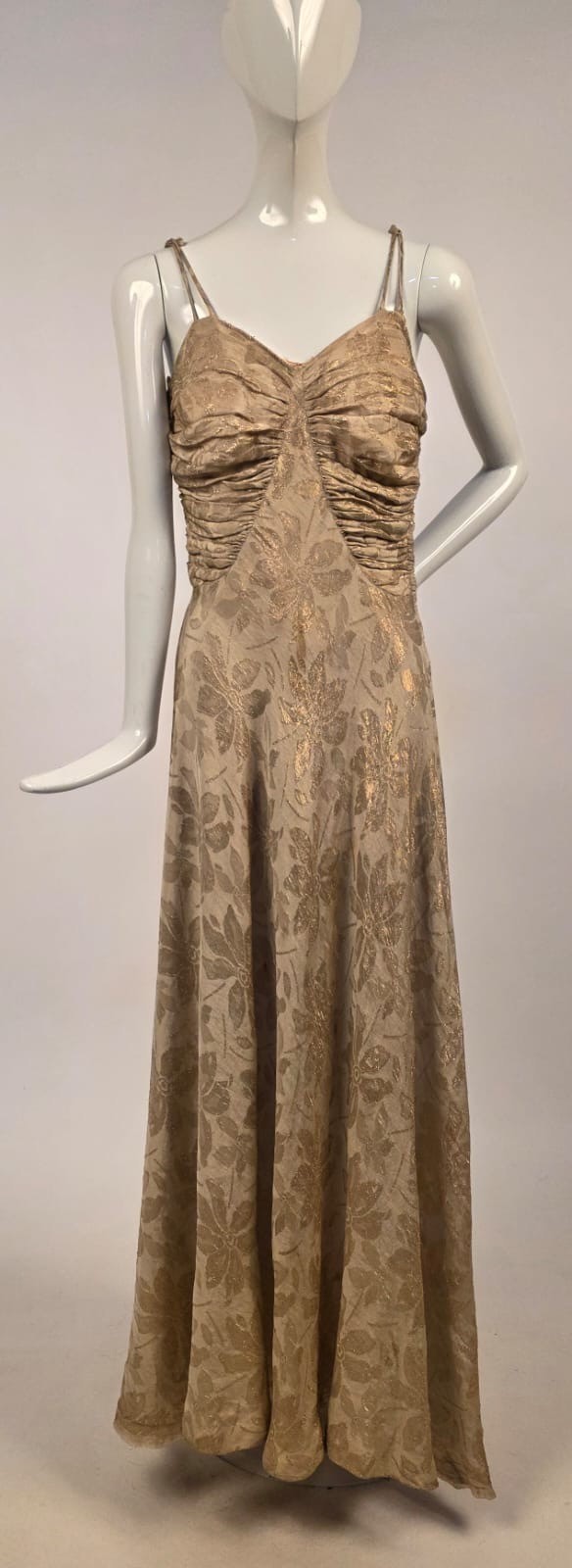 1930’S MILGRIM FLORAL GOLD LAME DRESS W RUCHED BUST – AS ACQUIRED FR MUSEUM