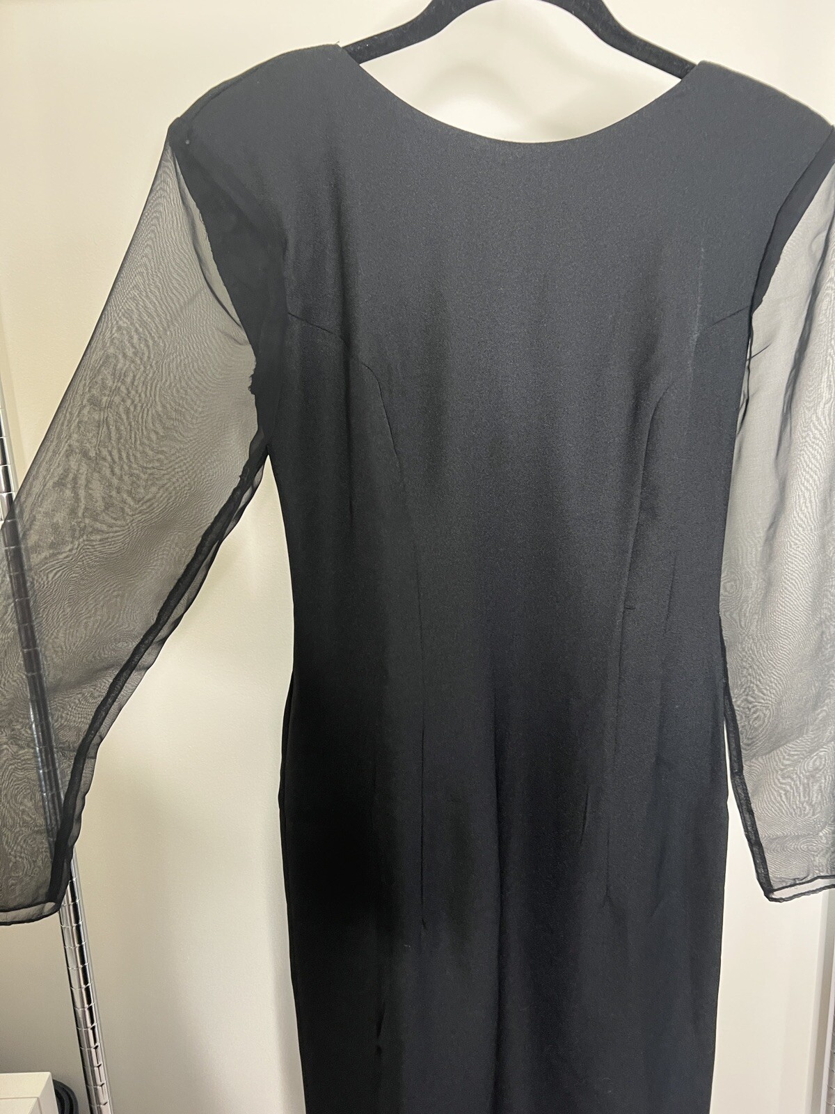 Vintage HW Collections Sz 10 Black Formal Sheath Dress Sheer Sleeves Big Bow 90s