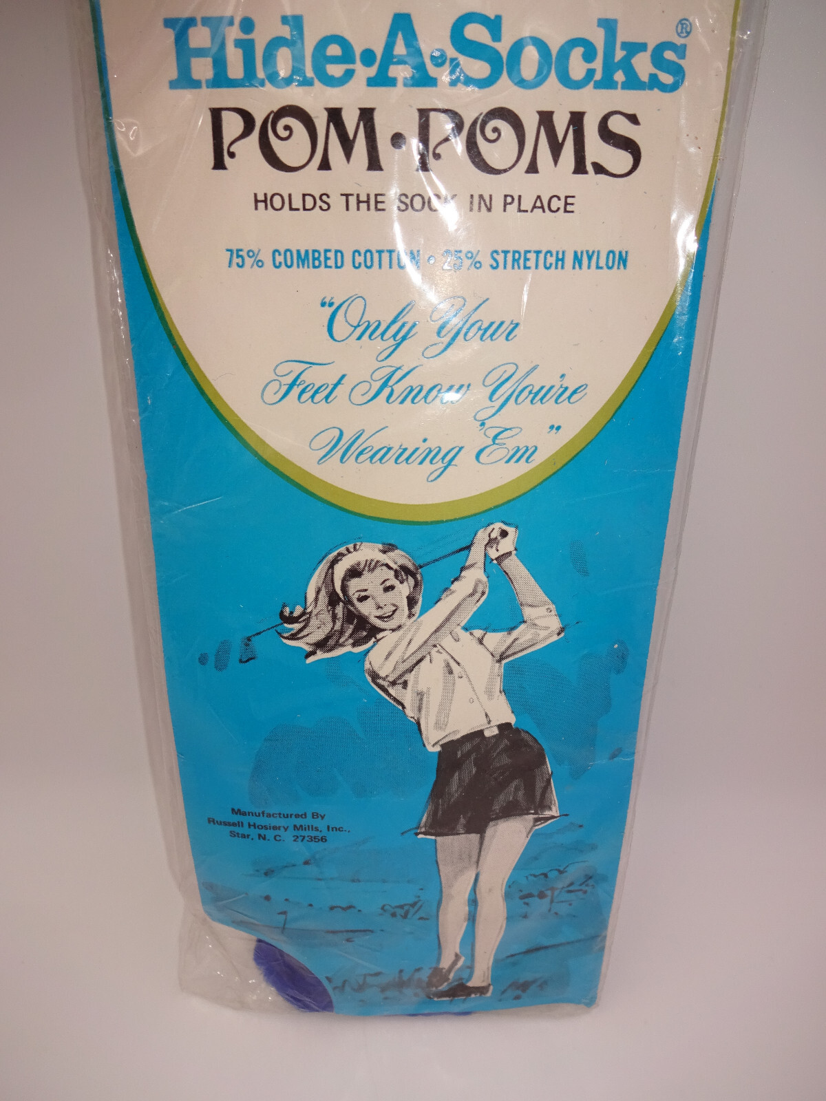 NOS New Vintage 1960s/1970s White Hide A Socks Blue Pom Poms 8.5-11 Stretch