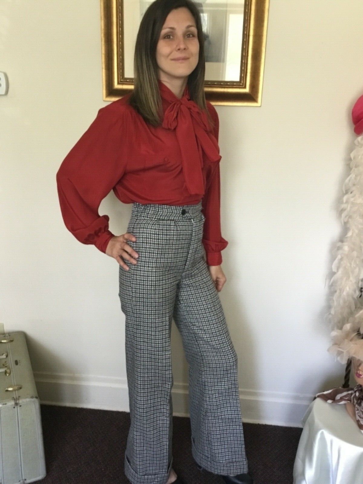 60’s Vintage Ivory Hi Rise Black Gray Hound’s-tooth Bell Bottom Pants