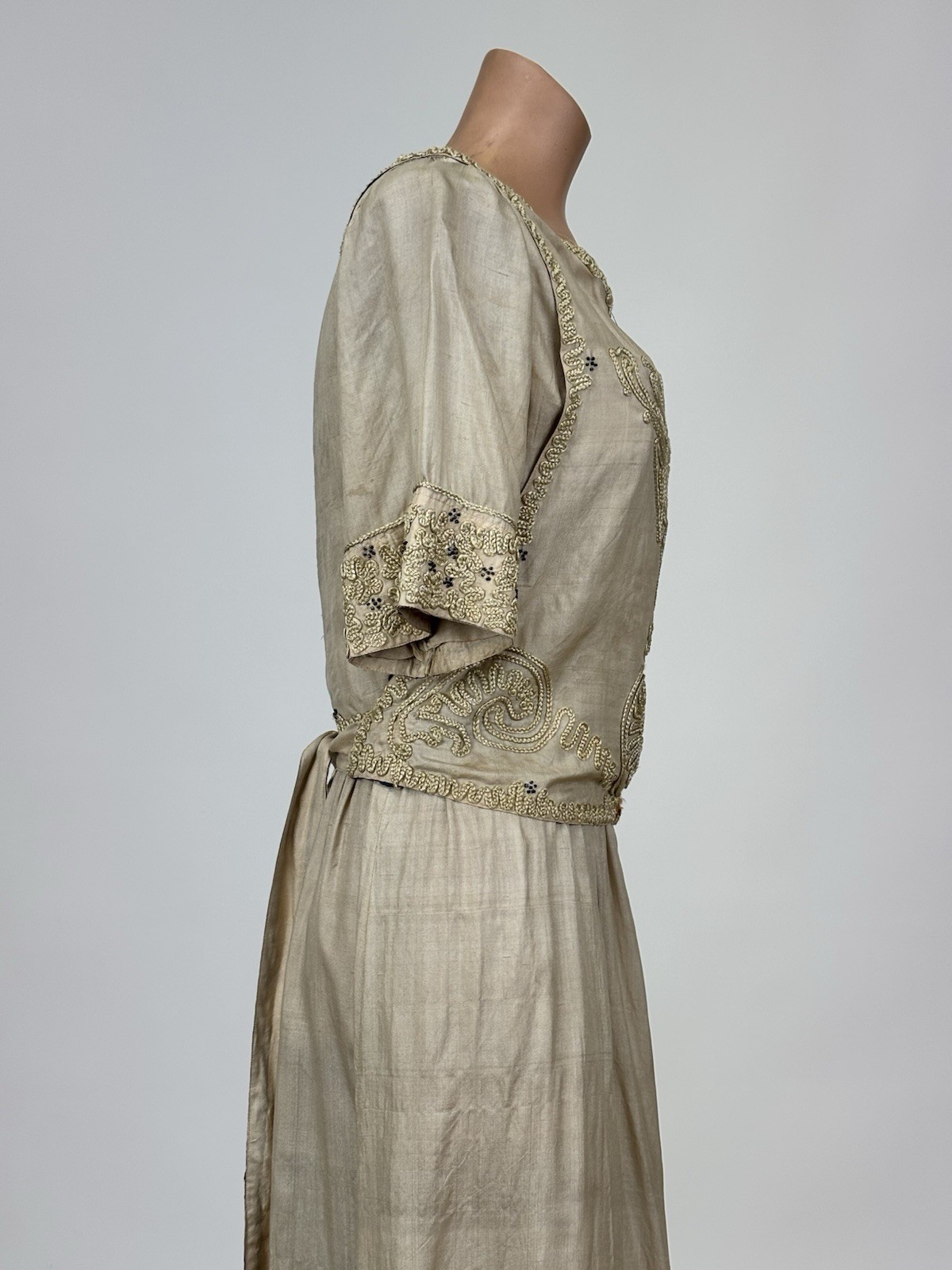 Antique Edwardian 1910s Beige Silk Day Dress Cording Blue Beads Wrap Bodice