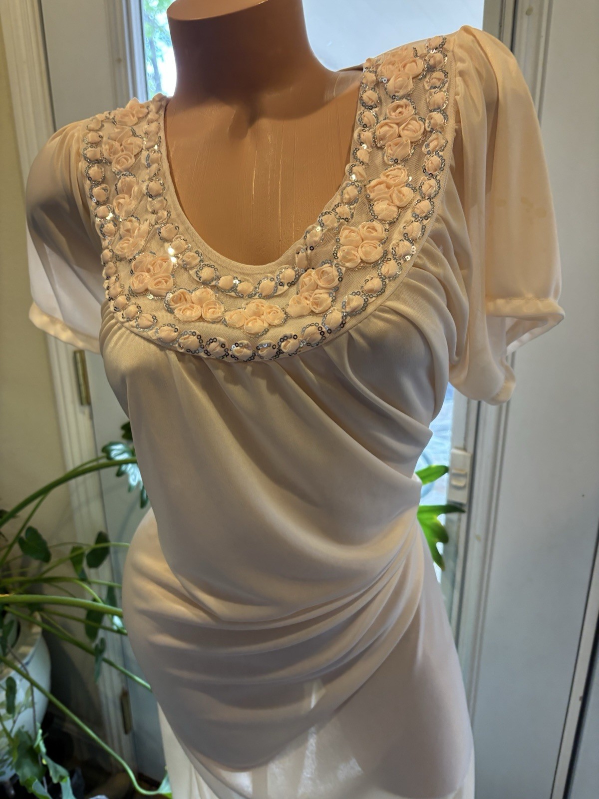 Vtg Satin Soft CreamSickle Shiny Silver Sequins Gown Sheer Long Dress Nightgown