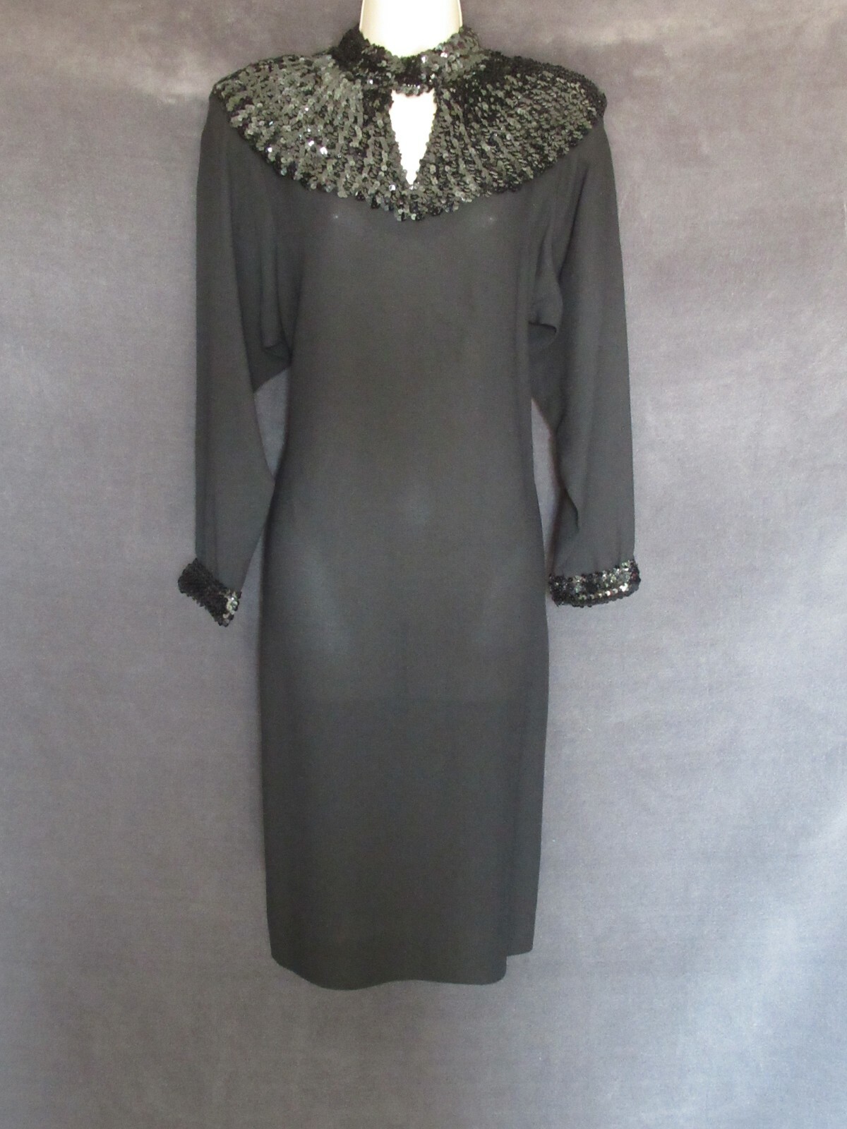 70’s 80’s Vintage Cattiva Black Thick Chiffon Long Sleeve Sequin Party Dress M