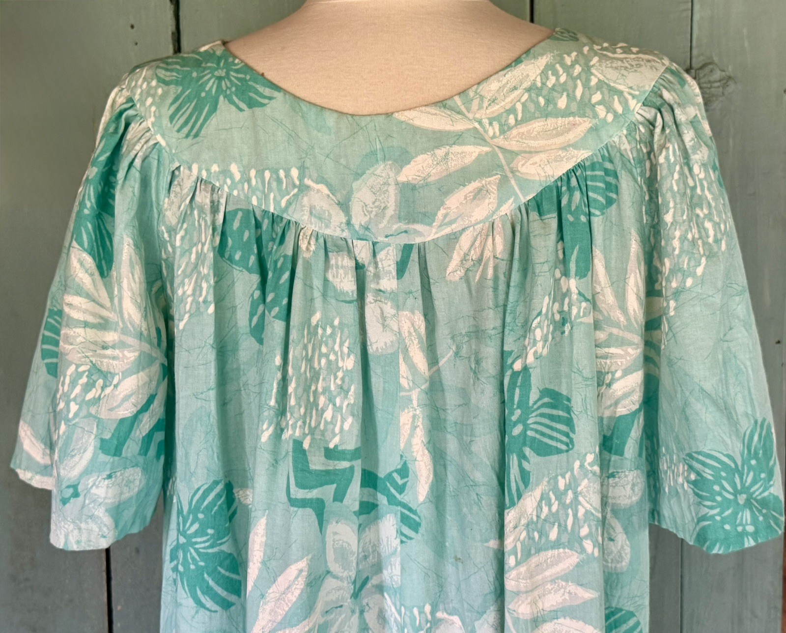 VTG 60’s BARK CLOTH HAWAIIAN MUMU Maxi Muumuu Kaftan Teal SeaGreen Bespoke S/M++