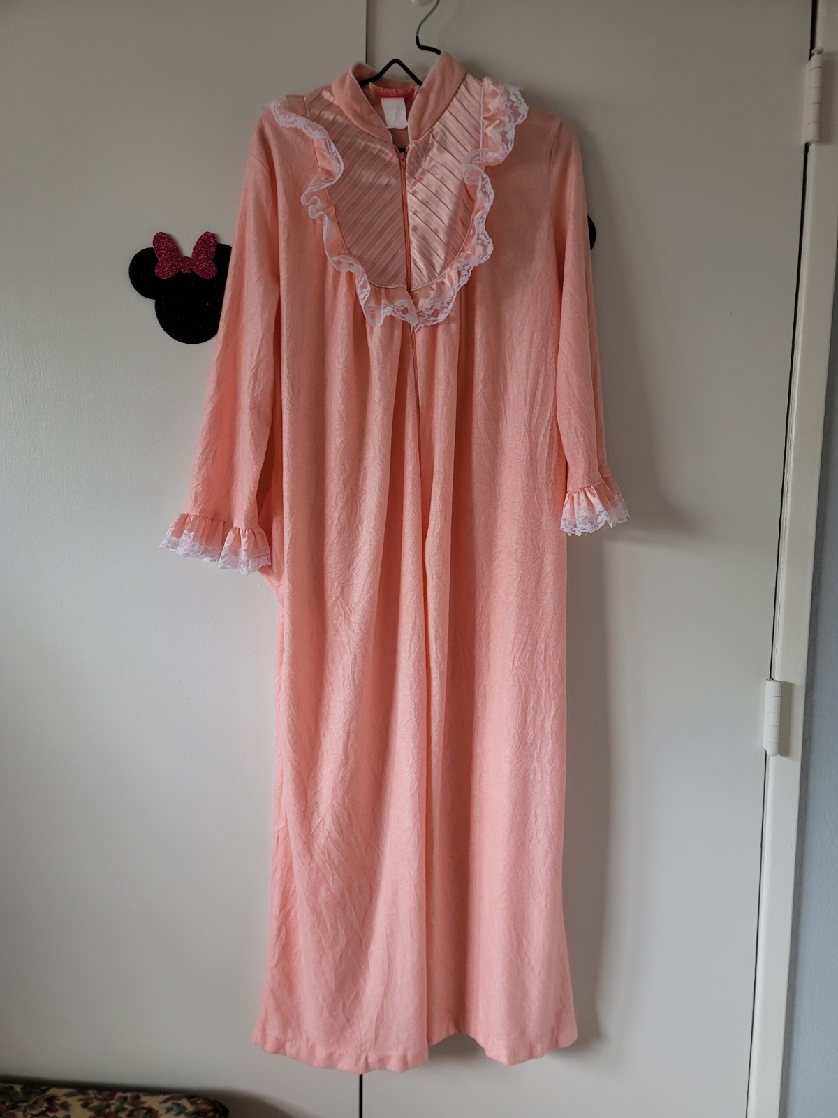 Vintage 80s Suzanne Beth Pink Half Zip Fleece Robe Satin Lace Large