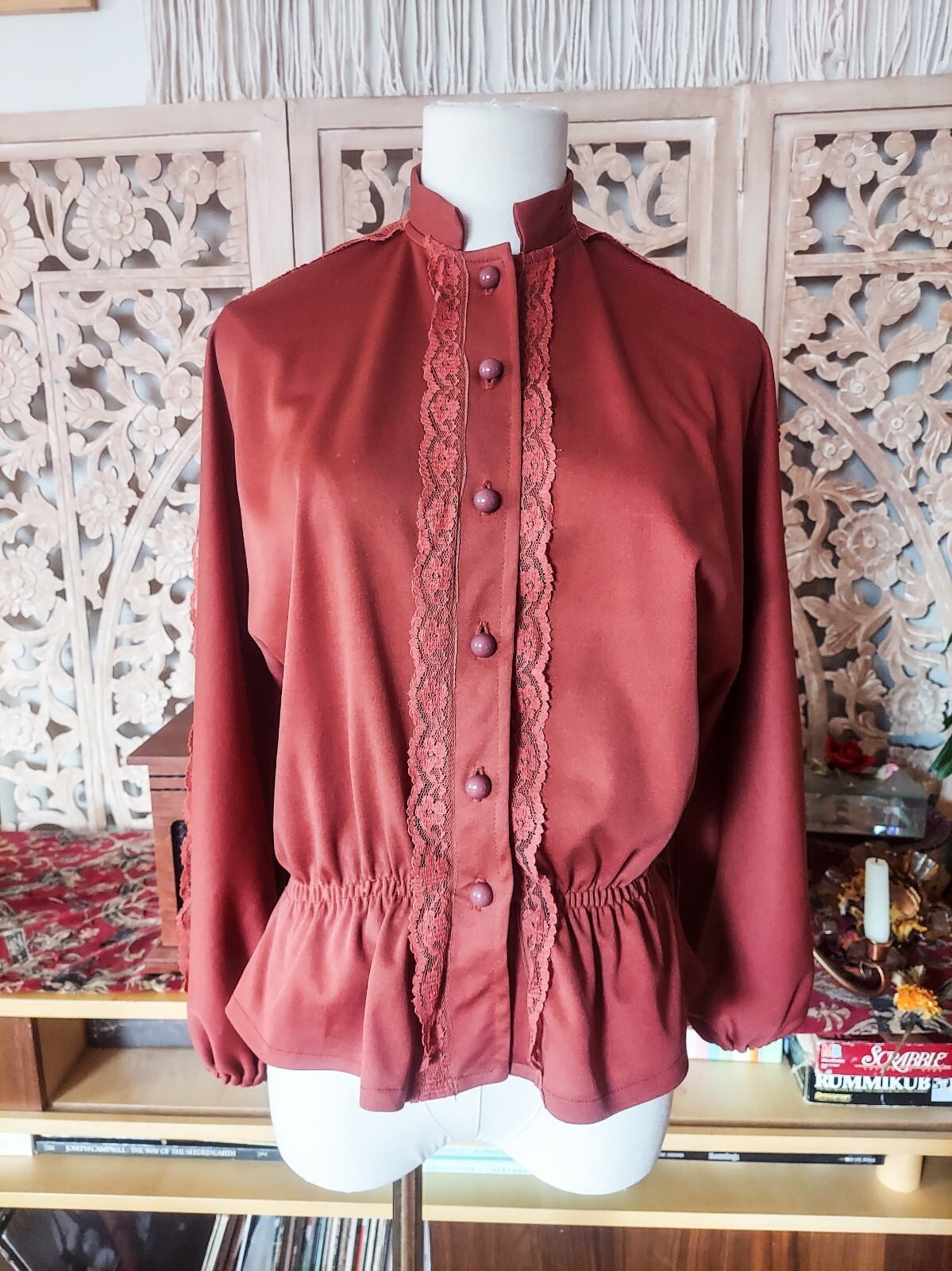 Vintage 1960s Richard Shops High Neck Lace Dolman Peplum Mod Victorian Blouse