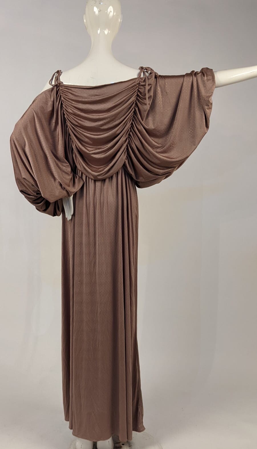VINTAGE DRAPED METALLIC DOT RAYON LONG DRESS W MASSIVE PUFF SLEEVES 