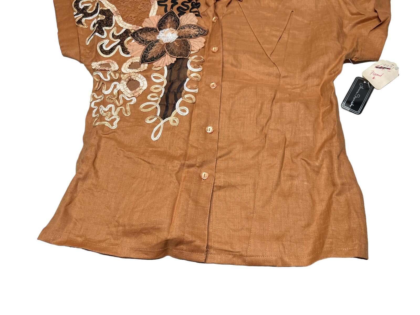 Vtg NOS Anne French Artsy Art to Wear Embellished 100% Ramie Blouse SZ 8 Brown