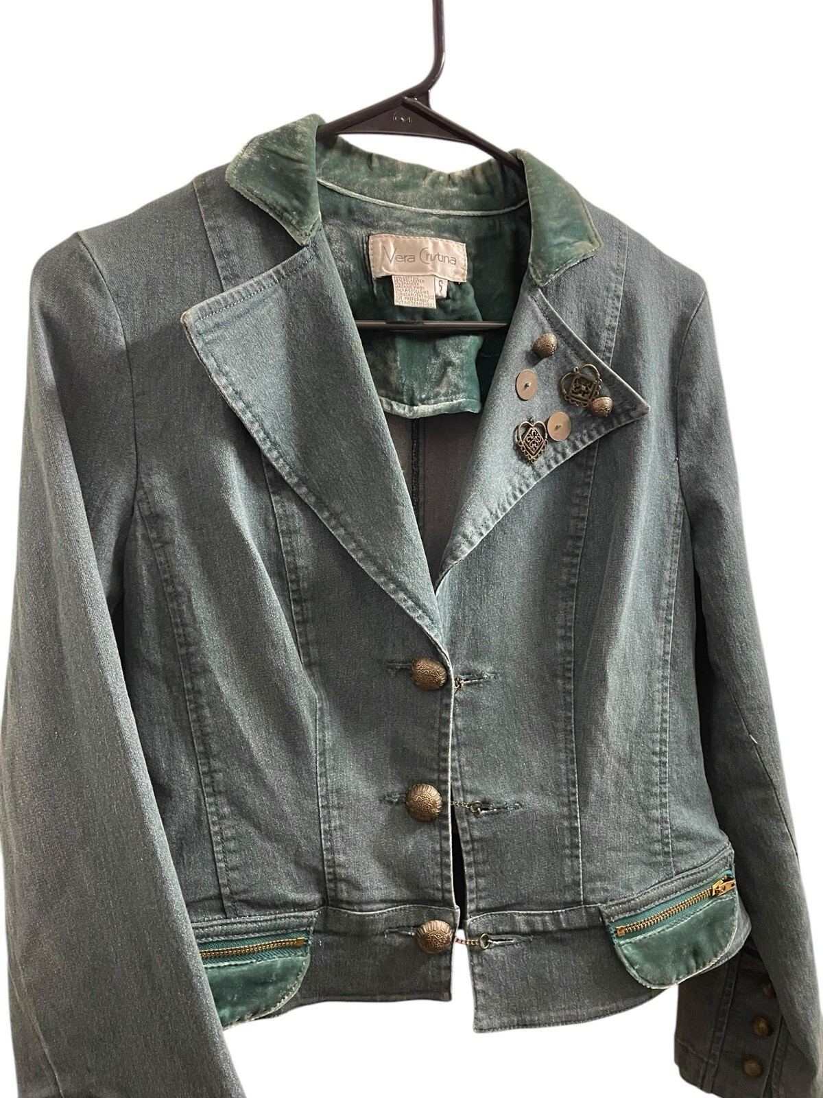 Vintage Vera Cristina Embellished Small Denim and green Velour Collar Jacket