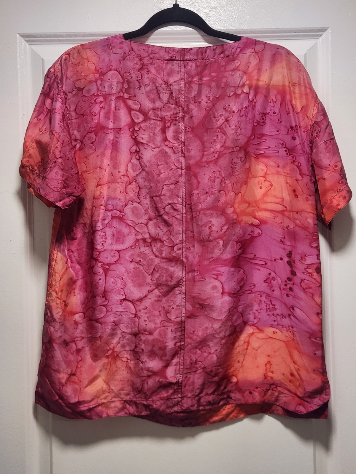 Vintage Diane Gilman Silk Blouse Tie Dye Splash Print Short Sleeve Pocket