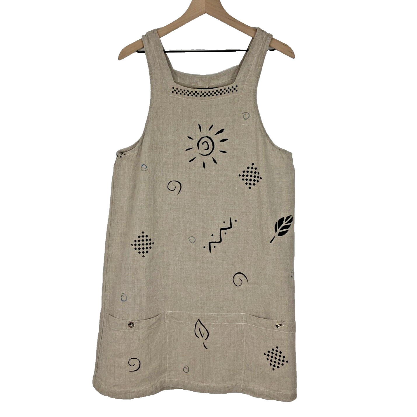 Vintage Linen Dress Womens MEDIUM Painted Art to Wear Lagenlook Jumper Pinafore