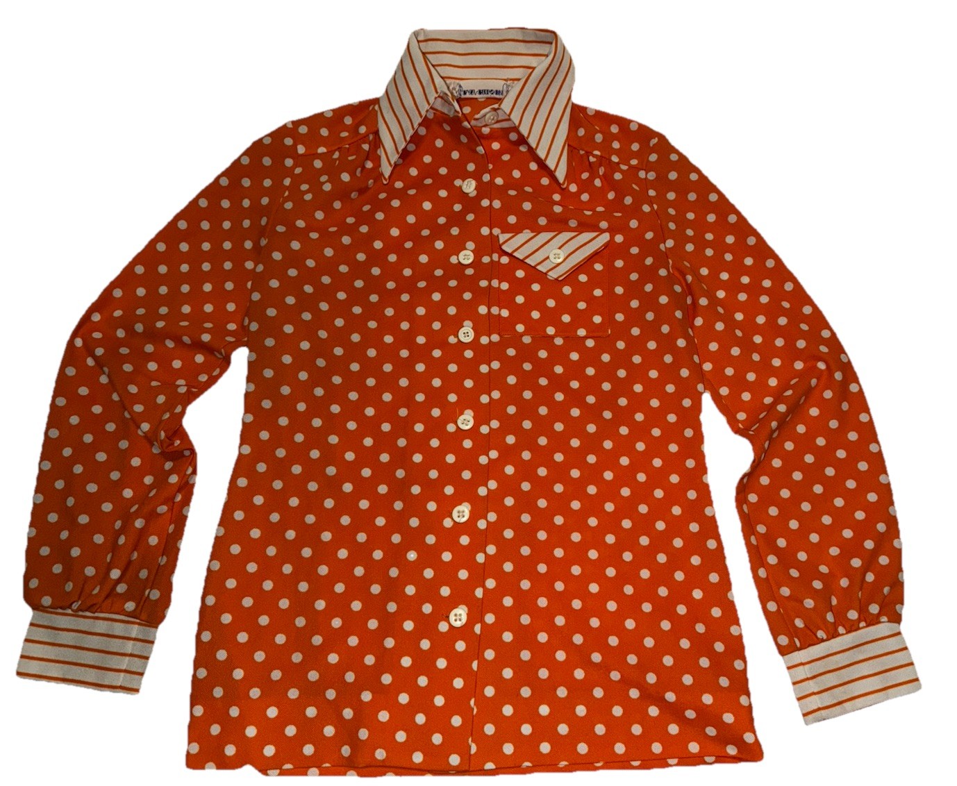 Vintage 60s 70s Gay Gibson MOD Orange Polka Dot Stripe Shirt Long Slv Polyester
