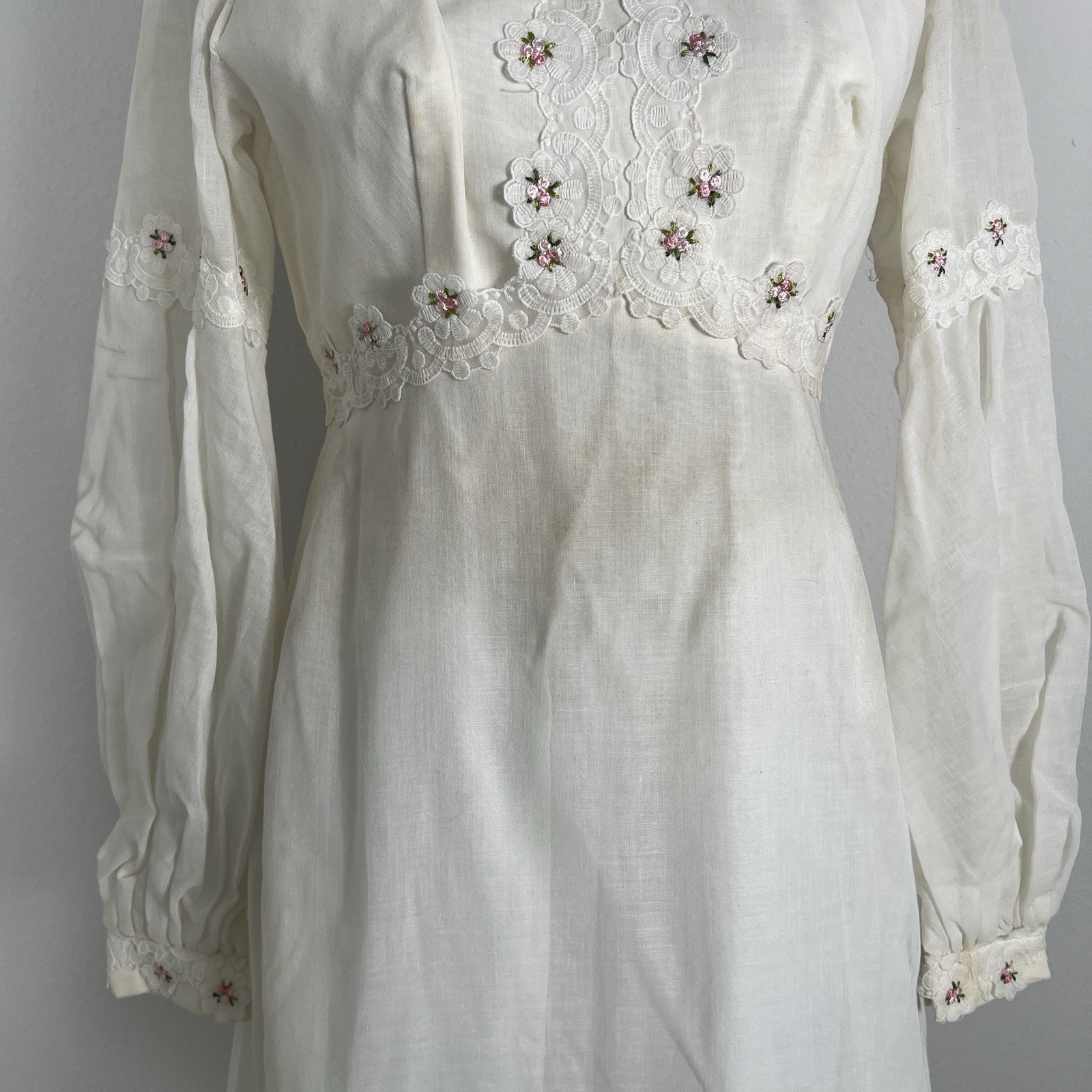 Vintage 1970’s Wedding Dress White Pink Rose Details Prairie Cottage Modest