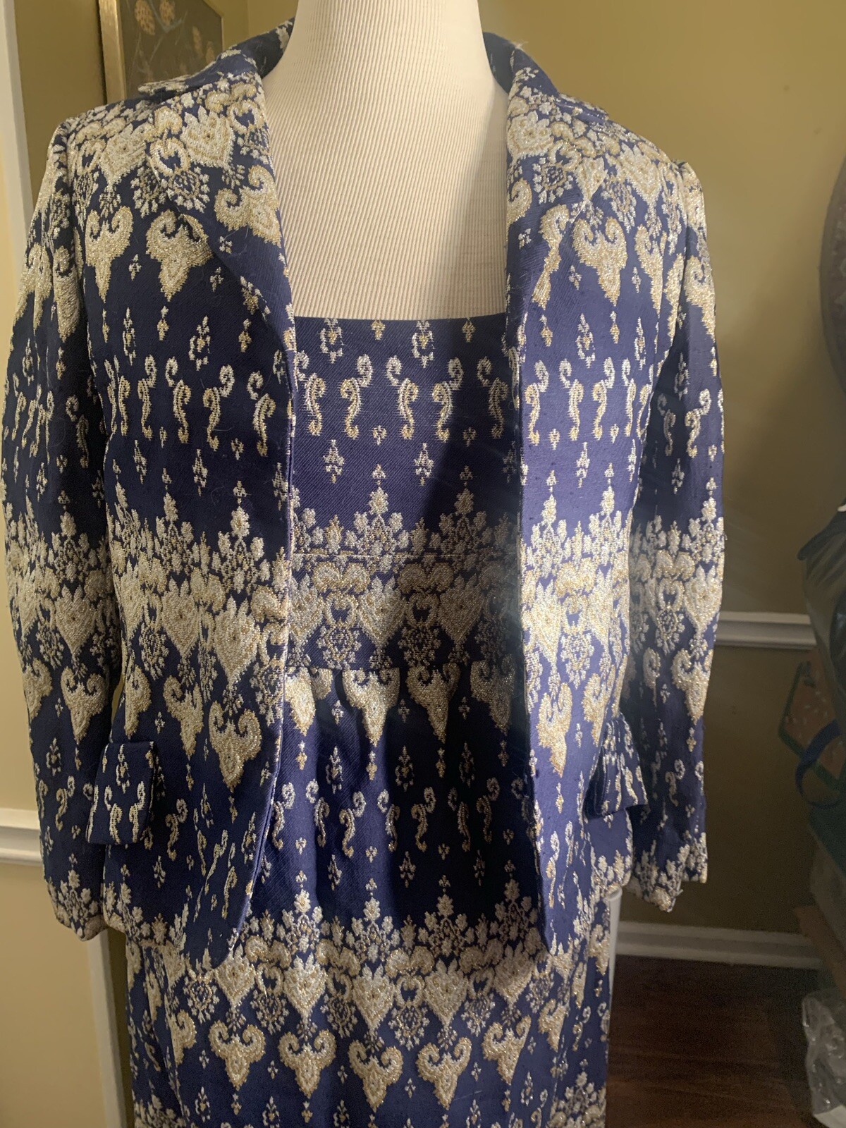 Blue Gold and Silver Brocade Vintage Jacket Dress