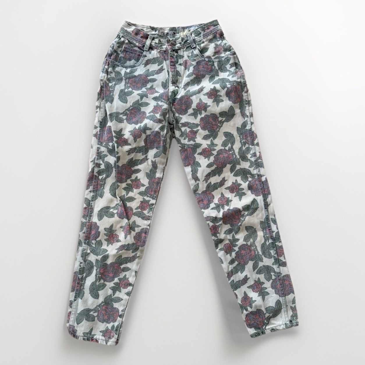 Vintage 80’s Women’s Bonjour Floral Rose Printed Denim Jeans. Made In USA Size 7