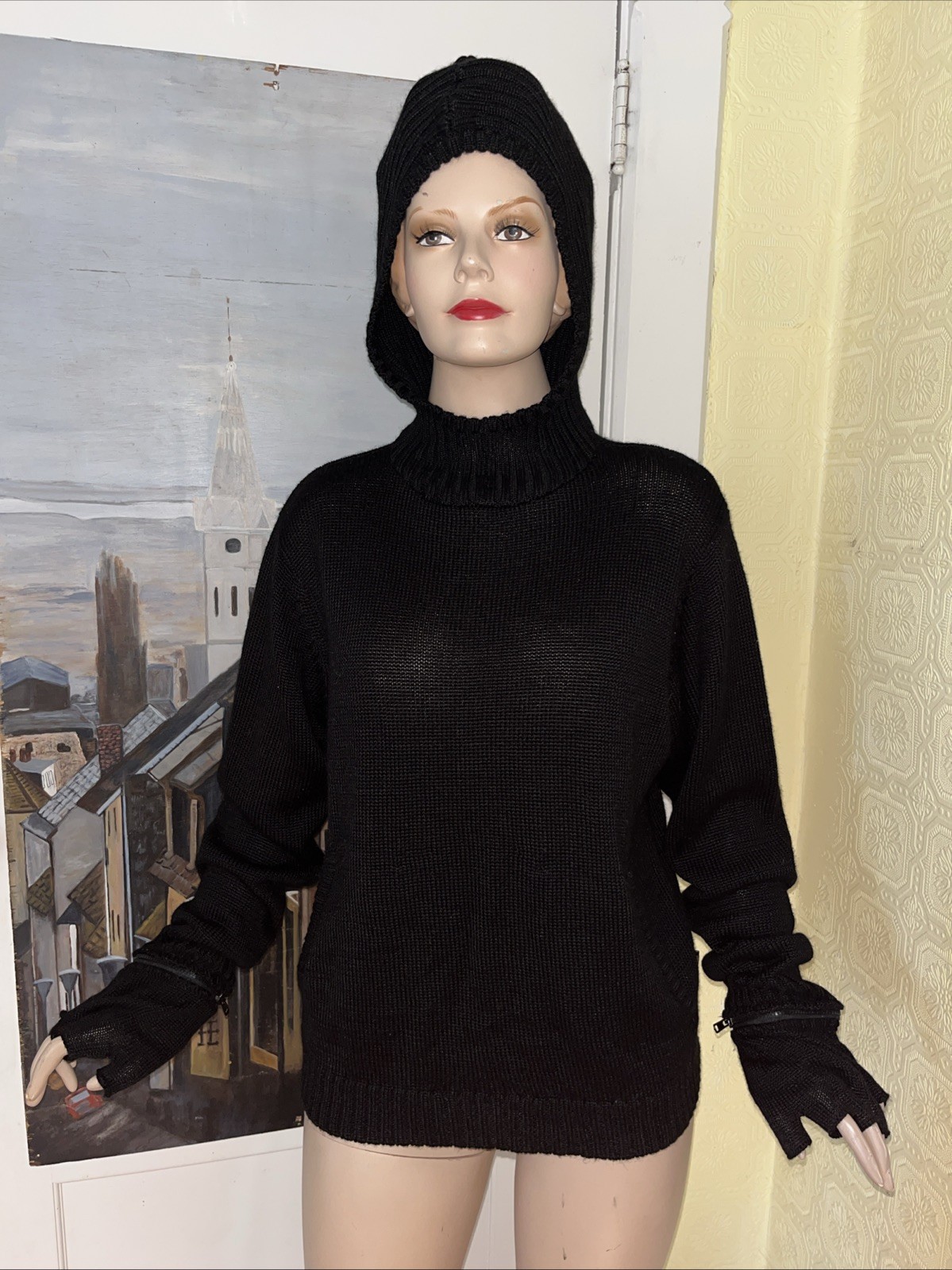 Y2K Rare Macgirl Goth Cyberpunk Rave Top Zip Off Fingerless Gloves Hooded Sz L