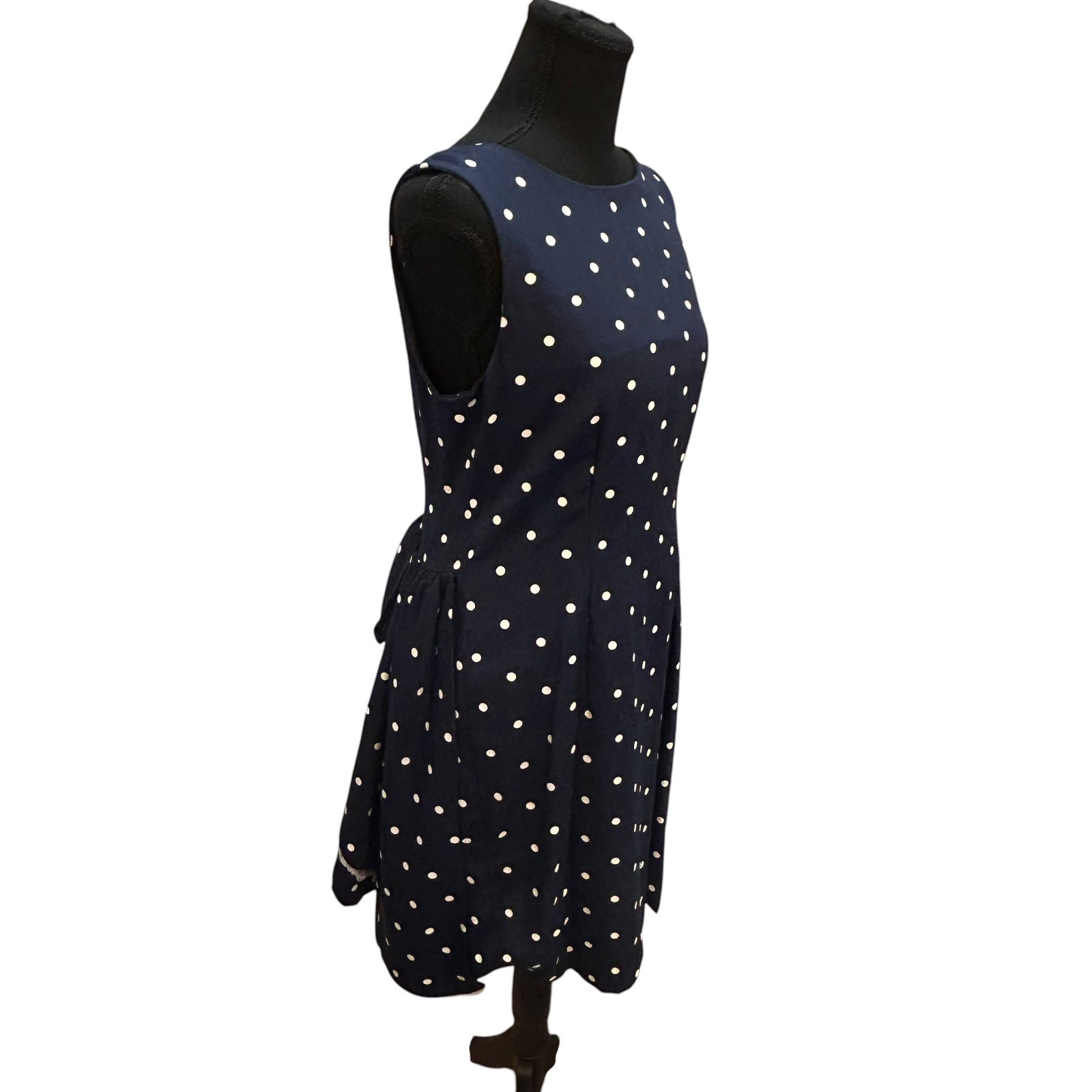 Vintage 1980s 1990s Polka Dot Dress Navy Blue Bow Lace Trussel Size XS or S