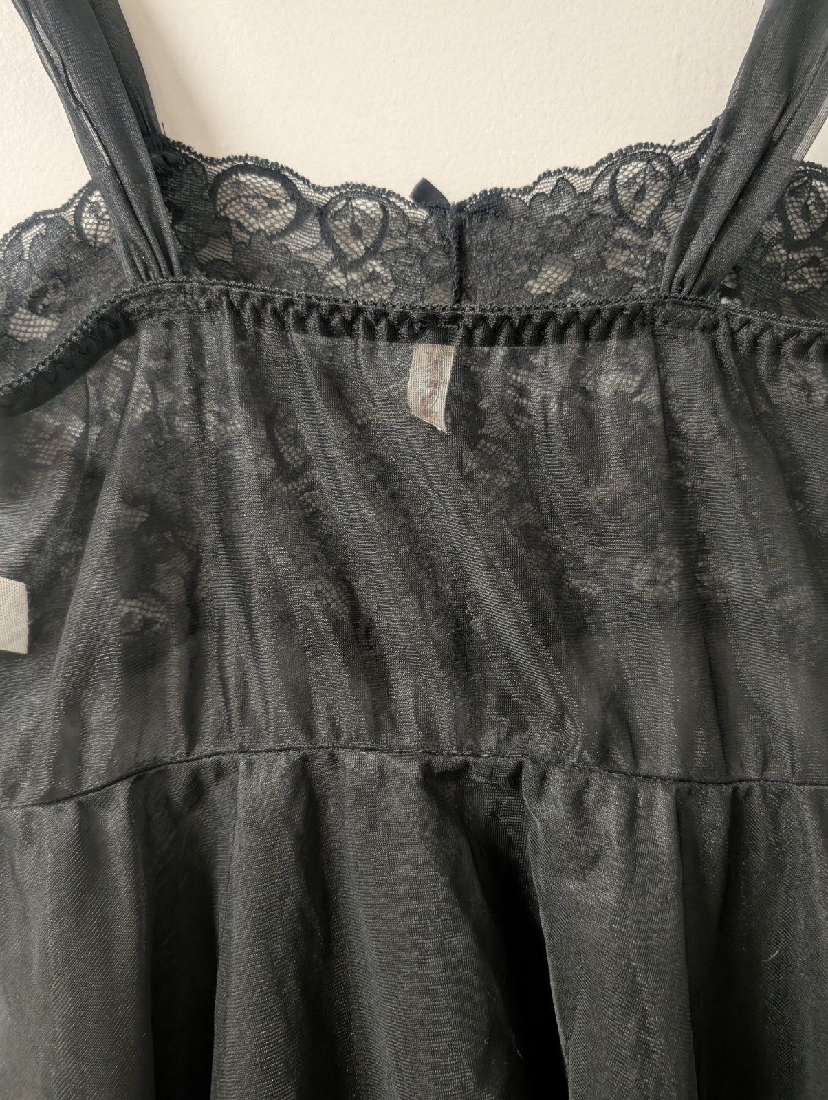 Vintage Je T’Aadore Black Double Nylon Babydoll Nightie Stretch Lace Bodice S/M