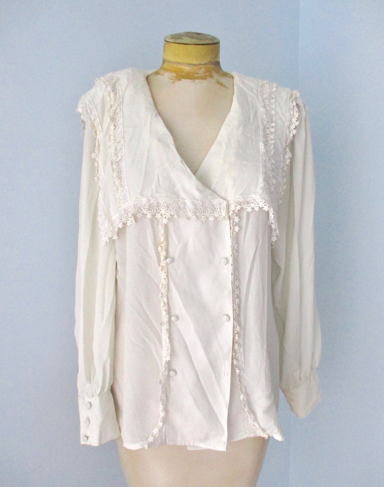 Vtg 80s white silky poly chiffon secretary blouse top huge bib lace trim 12