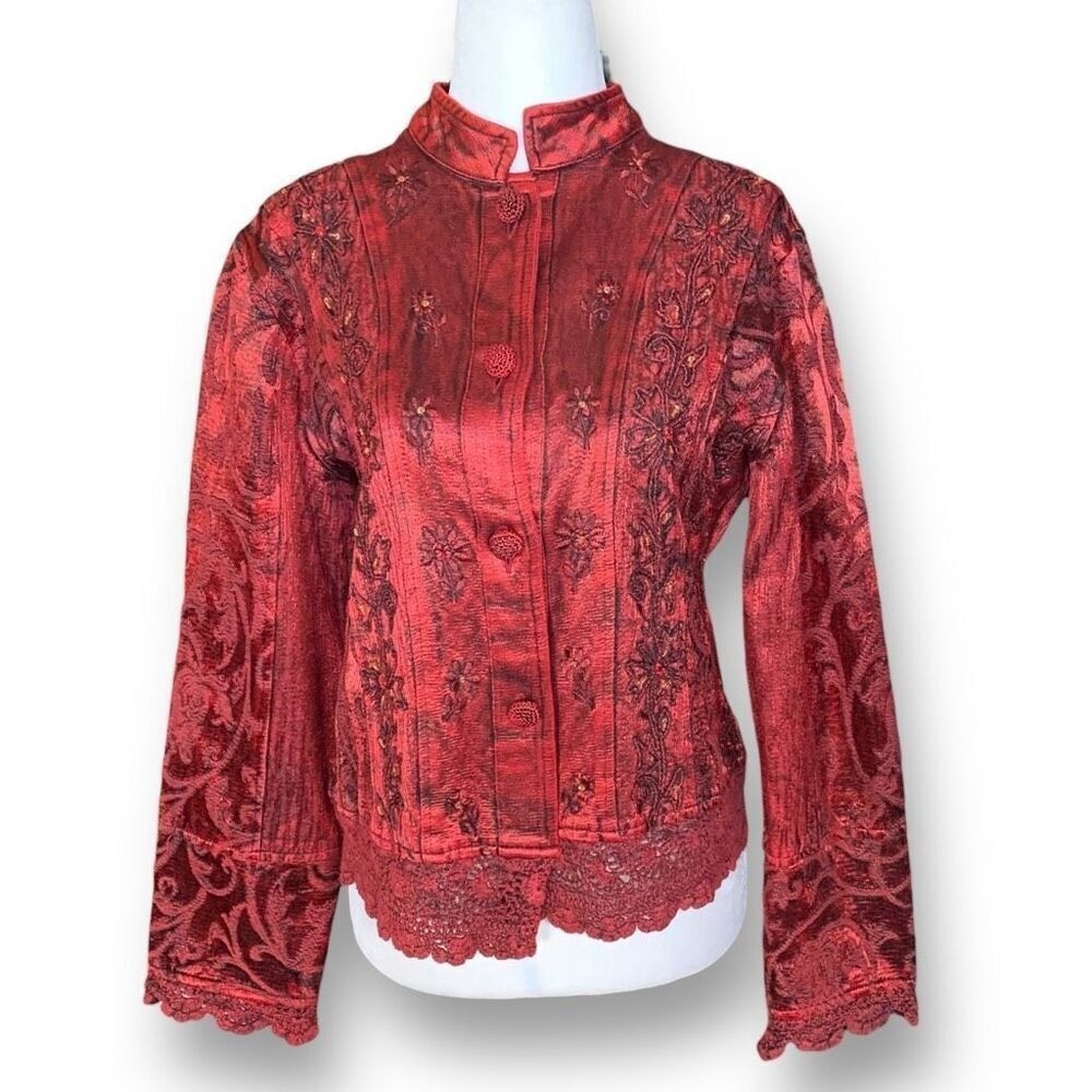 Vintage Flashback Jacket Metallic Cherry Red Floral Detail Lace Embroidery