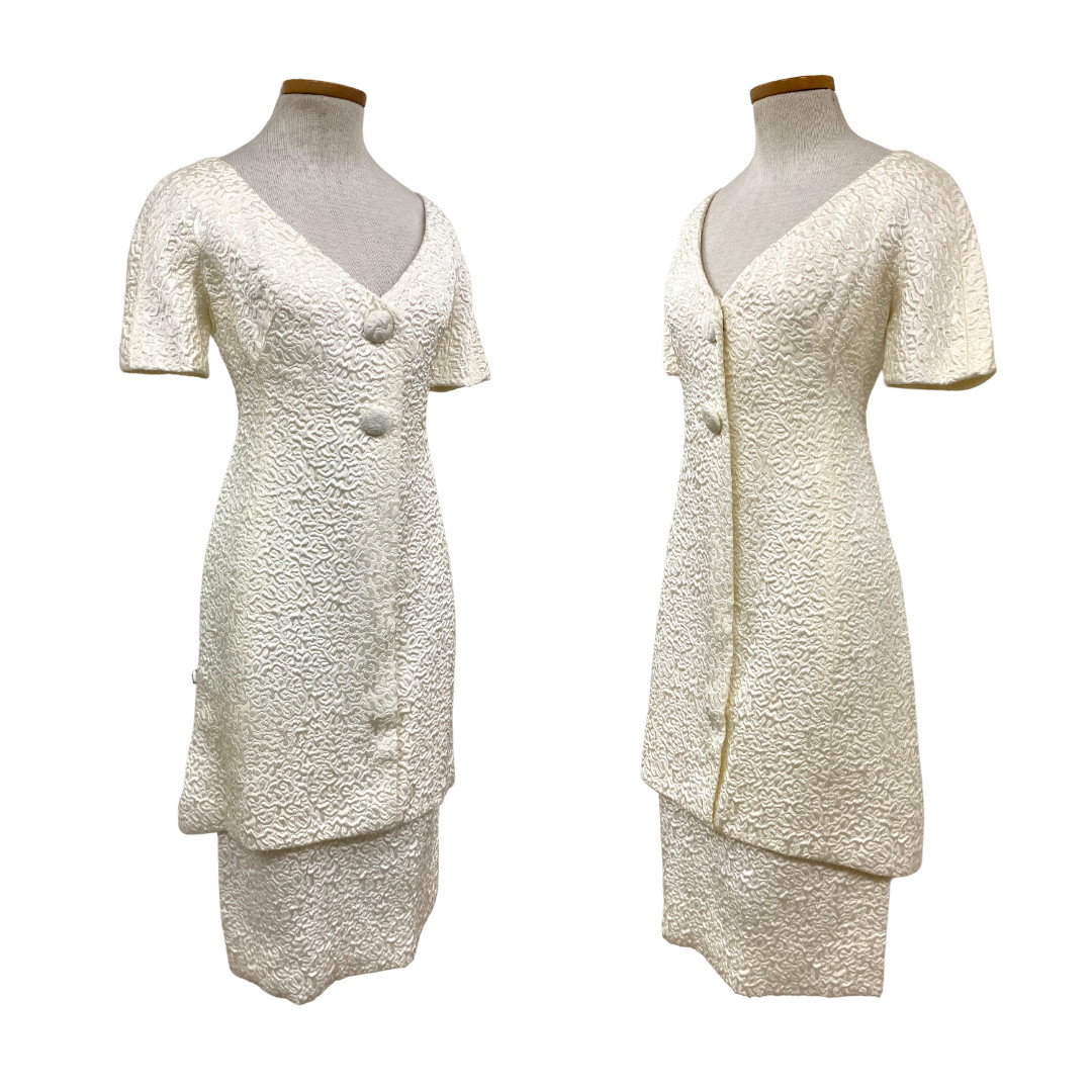 Vintage 1970s Werlé Beverly Hills Bridal Brocade Ivory 2pc Set Mini & Midi Dress