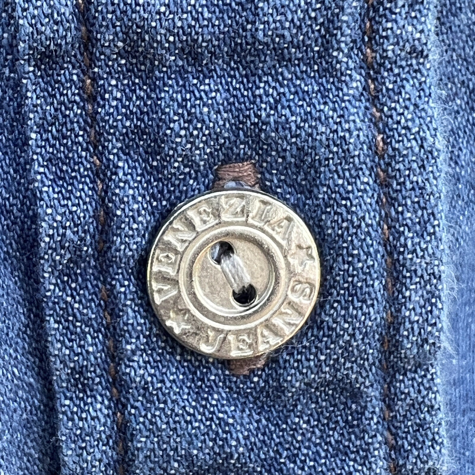 Vintage Venezia Denim Shirt 18/20 Blue 100% Cotton Silver Buttons Band Collar