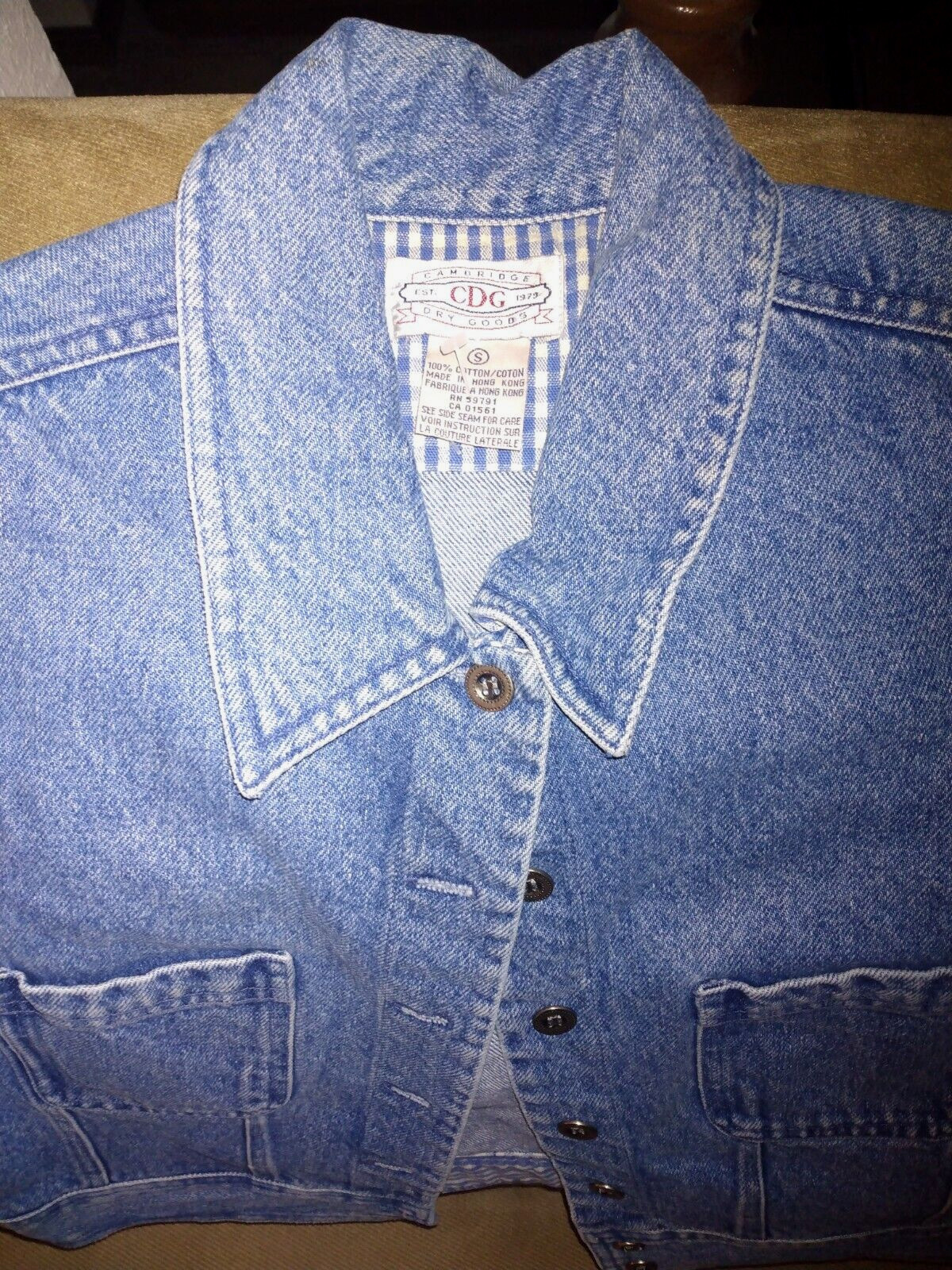 VINTAGE CAMBRIDGE DRY GOODS CDG DENIM JACKET VEST BLUE CHECK TRIM SZ S WOMEN