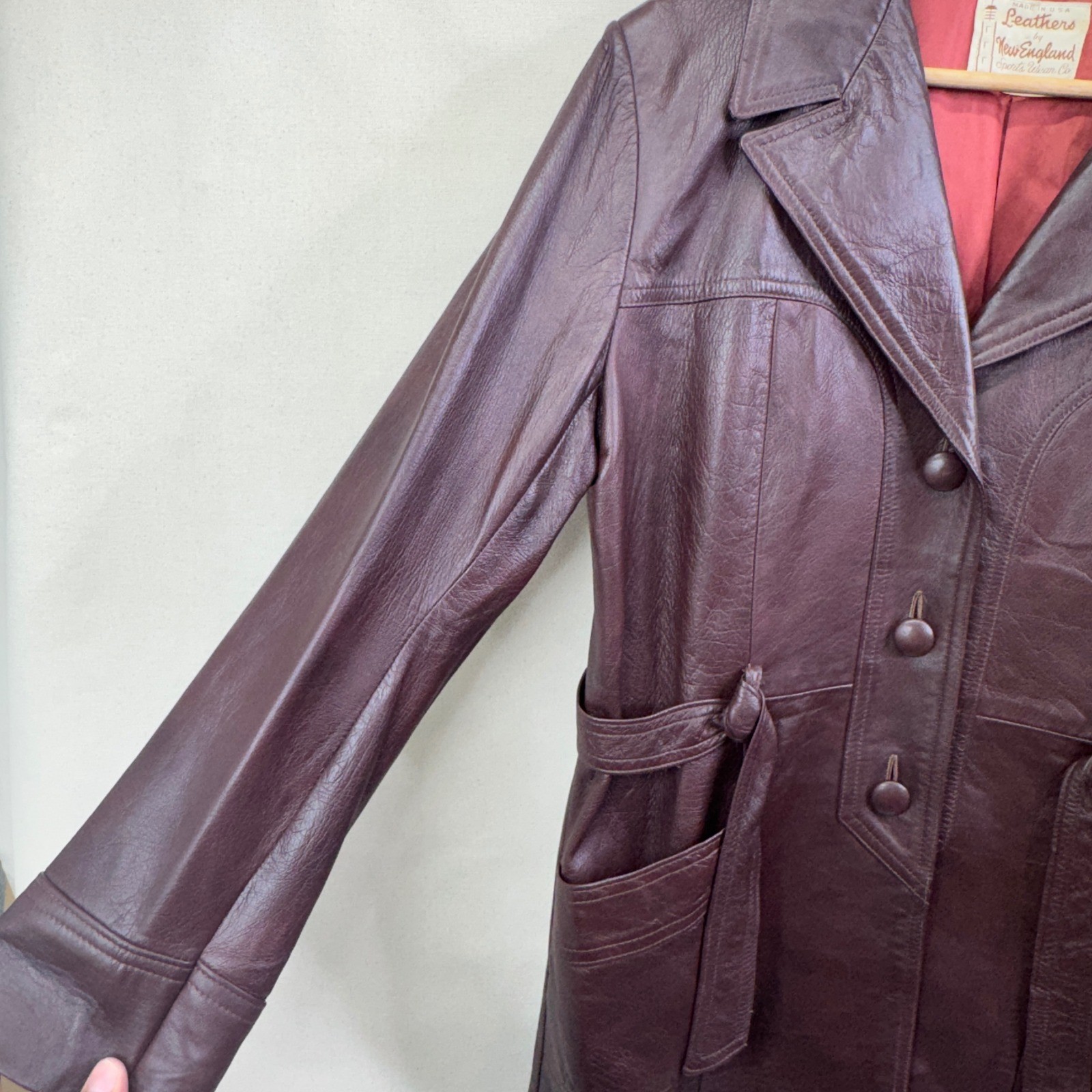 New England Sportswear Leather Jacket Burgundy Brown Vintage 70s Belted Coat USA