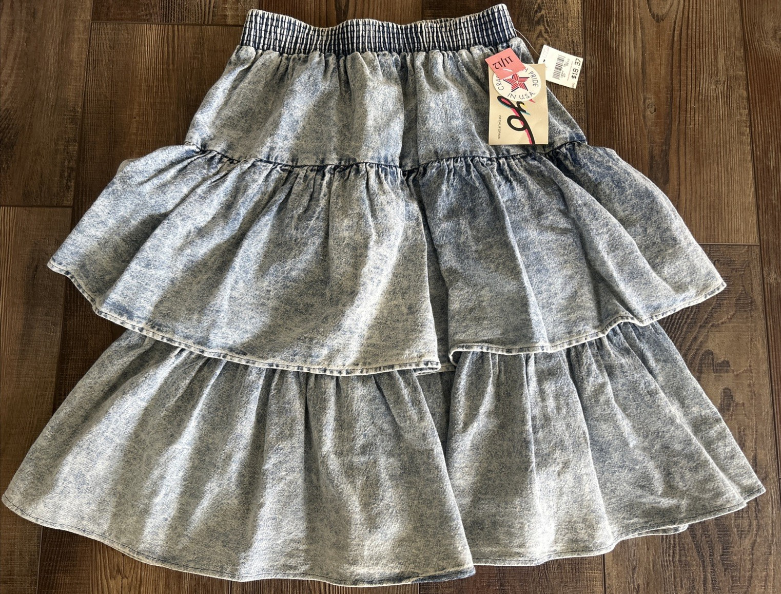 Vintage Acid Wash Denim TIERED Skirt Womens SZ 11-12 80s 90s U.S.A. NWT NOS