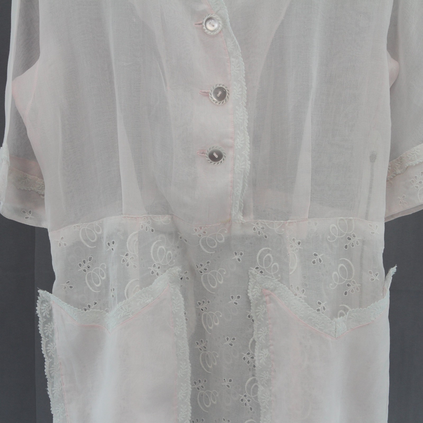 Vintage 1940s-50s Pink Organdy Embroidered Dress Lace Trim Hand Sewn Hem
