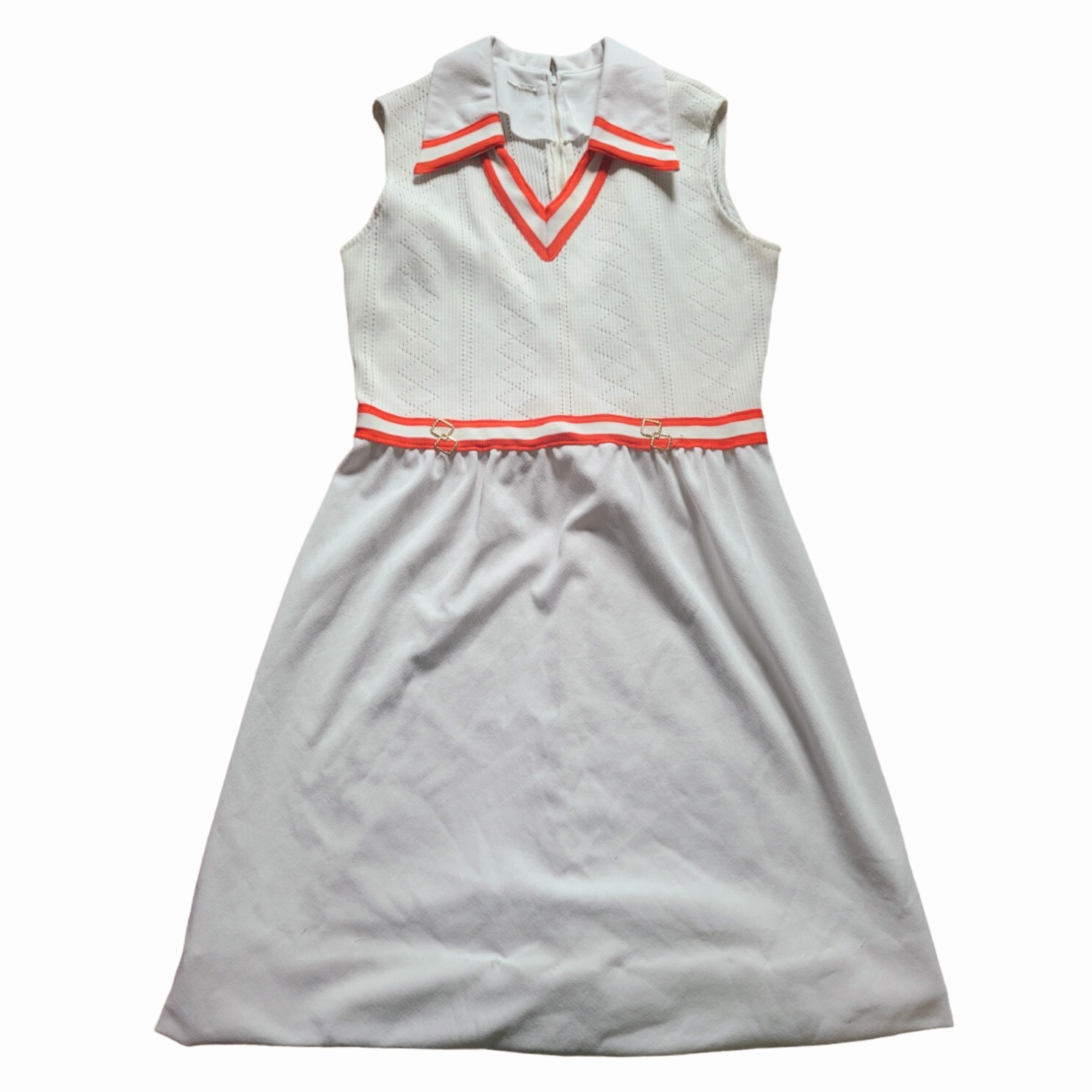 VTG 70s Tennis Performance Dress White Orange Sporty Sleeveless Vneck Retro