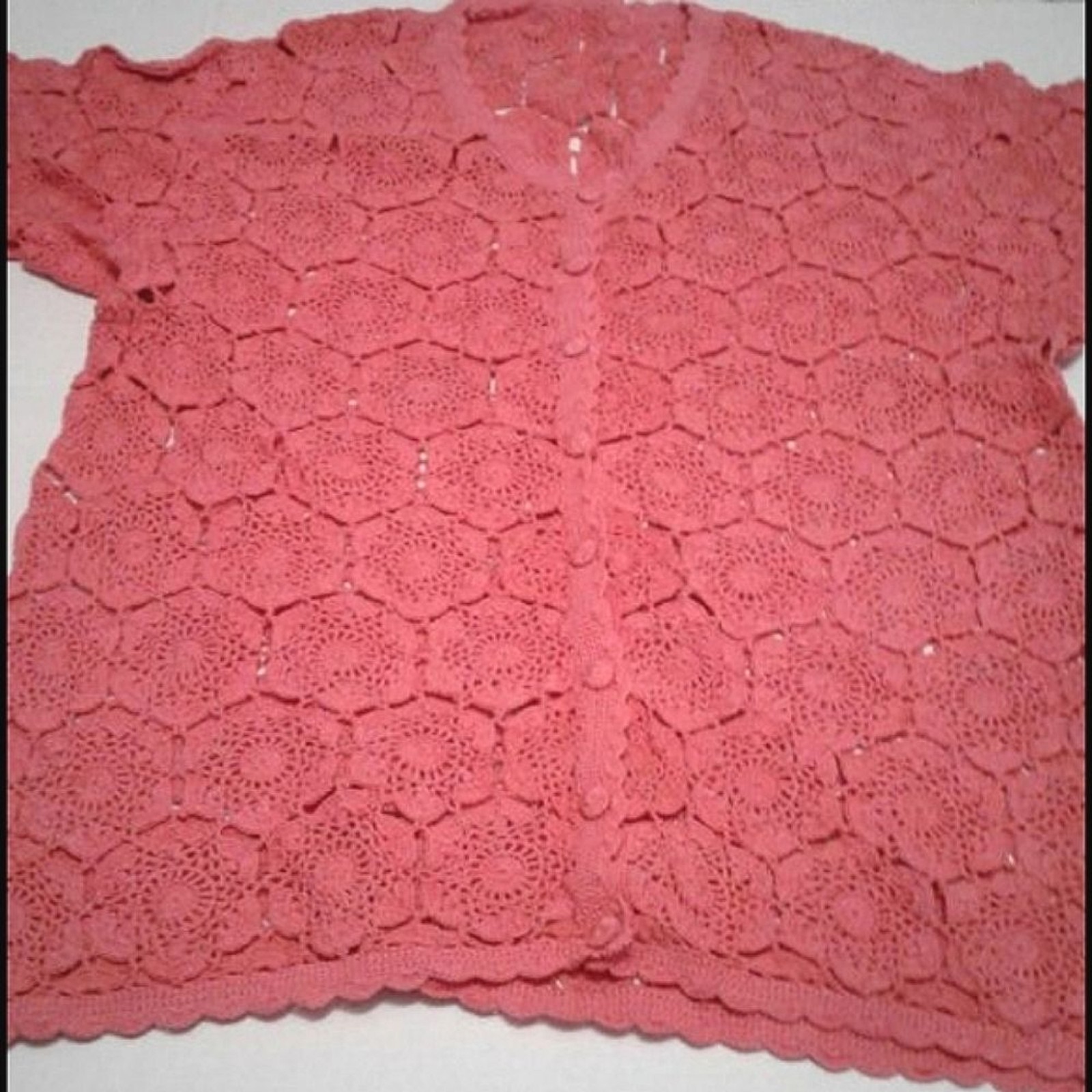 Vintage Salmon Hand-Crochet Floral Granny Core Short Sleeve Buttoned Cardigan L